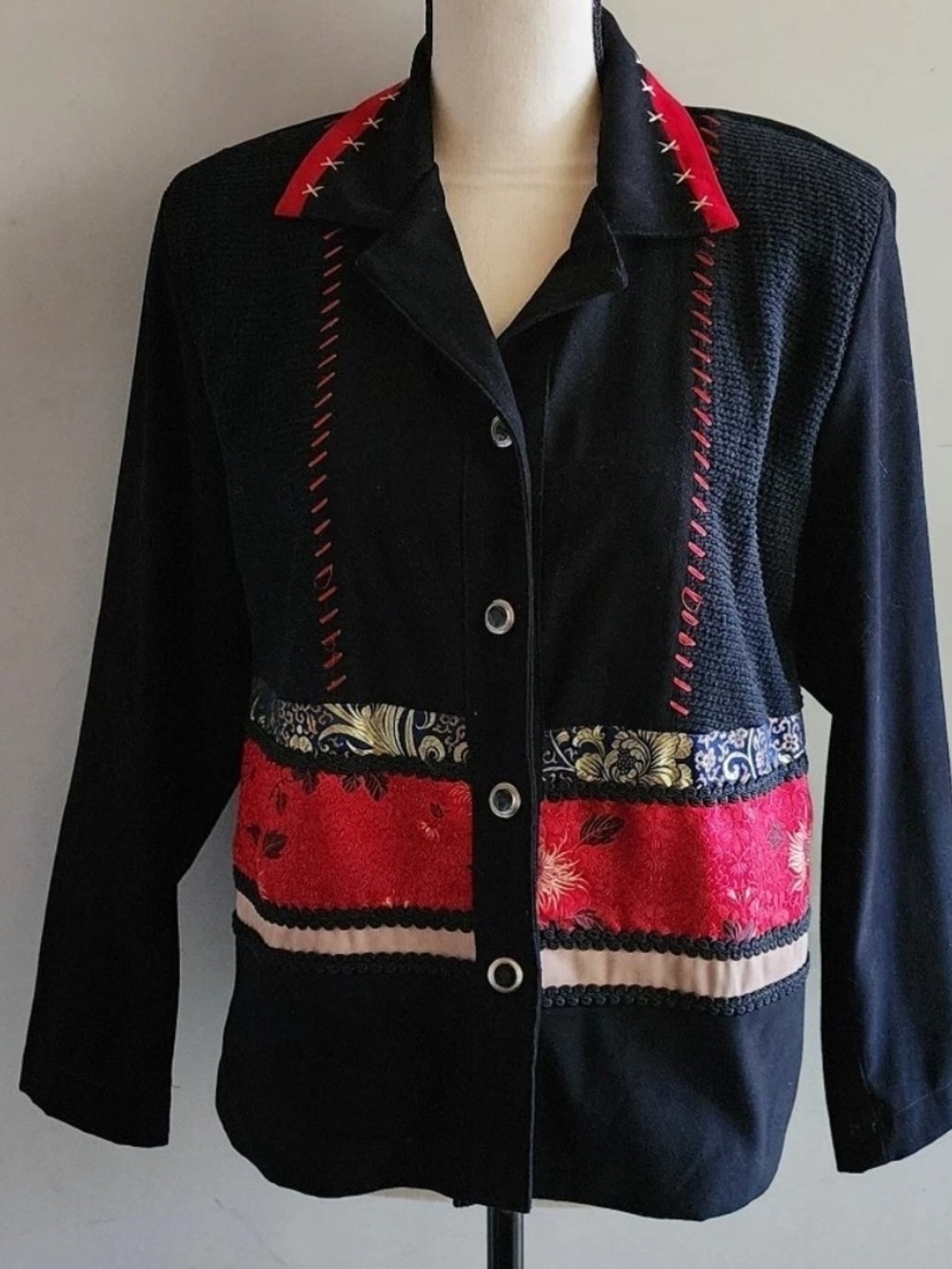 Saint Germain Paris Vintage Black Silk Blend Embroidered Blazer Sz M